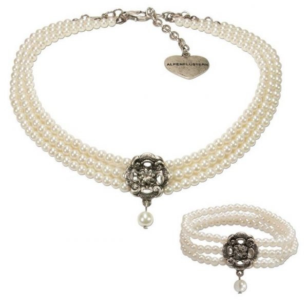 Alpenflüstern Ketten-Set "Trachtenschmuck-Set Perlen-Trachtenkette und Trachten-Armband Frederike (creme-wei)", - Damen-Trachten-Schmuck, Trachtenset Dirndl-Kette und Trachten-Armkette