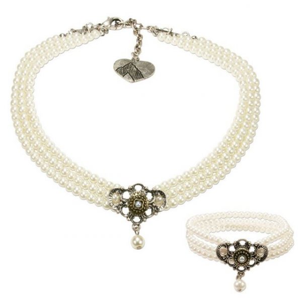 Alpenflüstern Ketten-Set "Trachtenschmuck-Set Perlen-Trachtenkette und Trachten-Armband Hedwig (creme-wei)", - Damen-Trachten-Schmuck, Trachtenset Dirndl-Kette und Trachten-Armkette