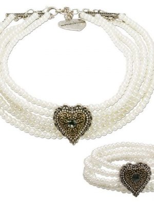 Alpenflüstern Ketten-Set "Trachtenschmuck-Set Perlen-Trachtenkette und Trachten-Armband Margarethe (creme-wei)", - Damen-Trachten-Schmuck mit Trachten-Herz, Trachtenset Dirndl-Kette und Trachten-Armkette