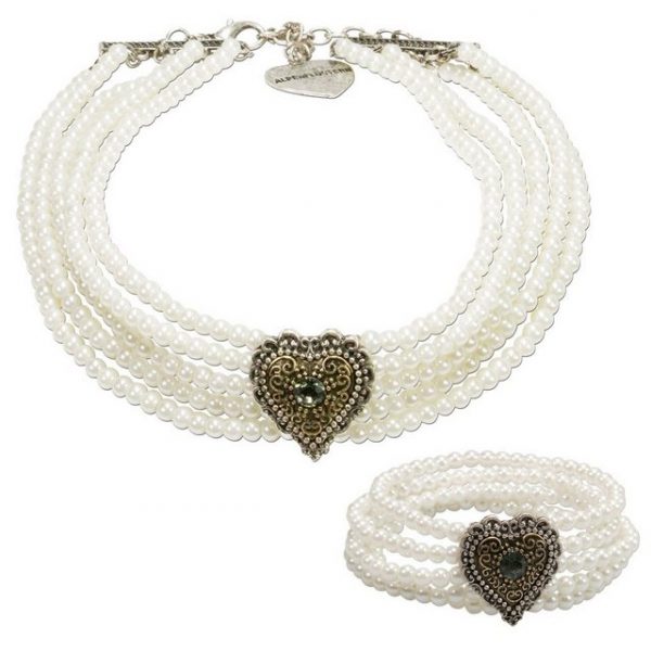 Alpenflüstern Ketten-Set "Trachtenschmuck-Set Perlen-Trachtenkette und Trachten-Armband Margarethe (creme-wei)", - Damen-Trachten-Schmuck mit Trachten-Herz, Trachtenset Dirndl-Kette und Trachten-Armkette