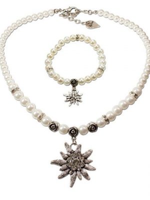 Alpenflüstern Ketten-Set "Trachtenschmuck-Set Perlen-Trachtenkette und Trachten-Armband Strass-Edelweiß (creme-wei)", - Damen-Trachten-Schmuck, Trachtenset Dirndl-Kette und Trachten-Armkette