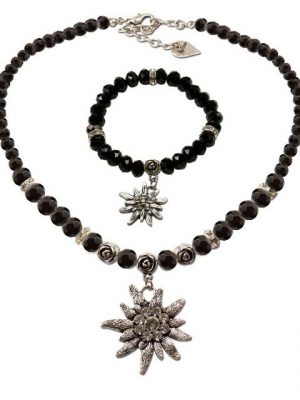 Alpenflüstern Ketten-Set "Trachtenschmuck-Set Perlen-Trachtenkette und Trachten-Armband Strass-Edelweiß (schwarz)", - Damen-Schmuck, Trachtenset Dirndl-Kette und Trachten-Armkette