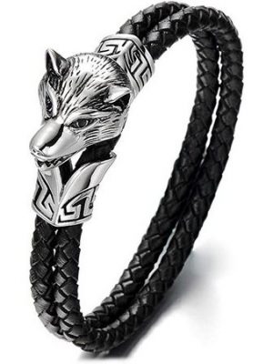 ELIAUK Armband "Wolfskopf-Armband für Herren aus Edelstahl mit schwarzem geflochtenem Leder" (1-tlg)