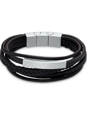 Herren-Armband Leder, Edelstahl FAVS. Schwarz