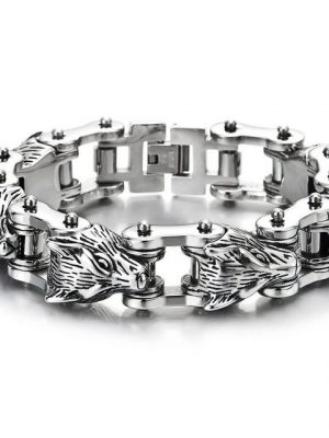 Housruse Charm-Armband "Herren Schwere und Robust Edelstahl Wolfskopf Gliederkette Motorrad Biker Kette Armband mit Faltschließe Poliert"