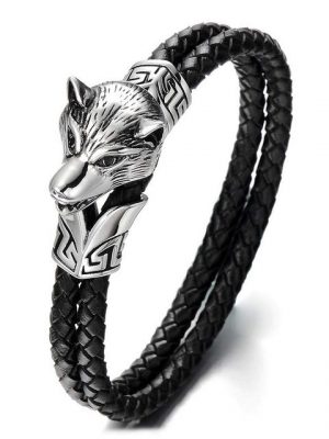 Housruse Charm-Armband Set "Wolfskopf Armband Geflochtenes Leder-Armband für Herren aus Edelstahl und Schwarz Echtem Leder"