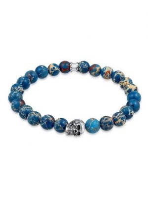 Kuzzoi Bead-Armband-Set "Herren Blauer Achat Stein mit Totenkopf Silber"