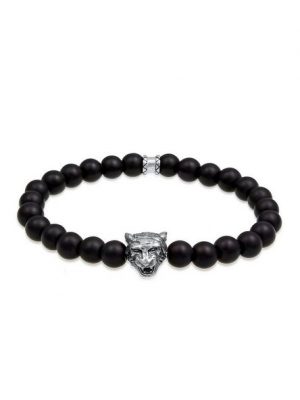 Kuzzoi Bead-Armband-Set "Herren Tiger Kopf Onyx Edelsteine Black 925 Silber"