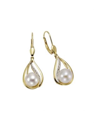 Ohrhänger 585/- Gelbgold Perlen Brillanten 585/- Gold Süßwasserzuchtperle weiß 3,35cm Glänzend Orolino Gelb