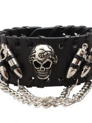 SHMSHNG Edelstahlarmband "Schmuck Herren Breites Biker Lederarmband, Gotik Punk Rock Totenkopf Schädel Patronenhülse Geflochten Leder Armband Armreif mit Kette, Verstellbaren Größen, Schwarz" (1-tlg)