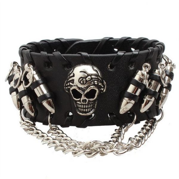 SHMSHNG Edelstahlarmband "Schmuck Herren Breites Biker Lederarmband, Gotik Punk Rock Totenkopf Schädel Patronenhülse Geflochten Leder Armband Armreif mit Kette, Verstellbaren Größen, Schwarz" (1-tlg)