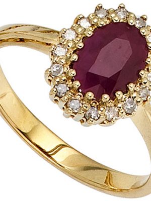 SIGO Damen Ring 585 Gold Gelbgold 1 Rubin rot 16 Diamanten 0,16ct. Goldring