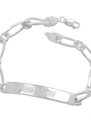 Schmuck Krone Silberarmband "Peace u. Love Schildband Armband Figarokette diamantiert 925 Silber 21cm Herren"