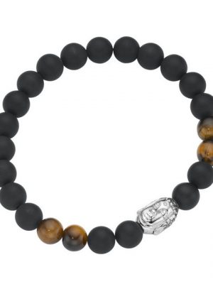 GIORGIO MARTELLO MILANO Armband "Tigerauge + schwarze Achat Kugeln mit Buddha-Kopf, Silber 925"