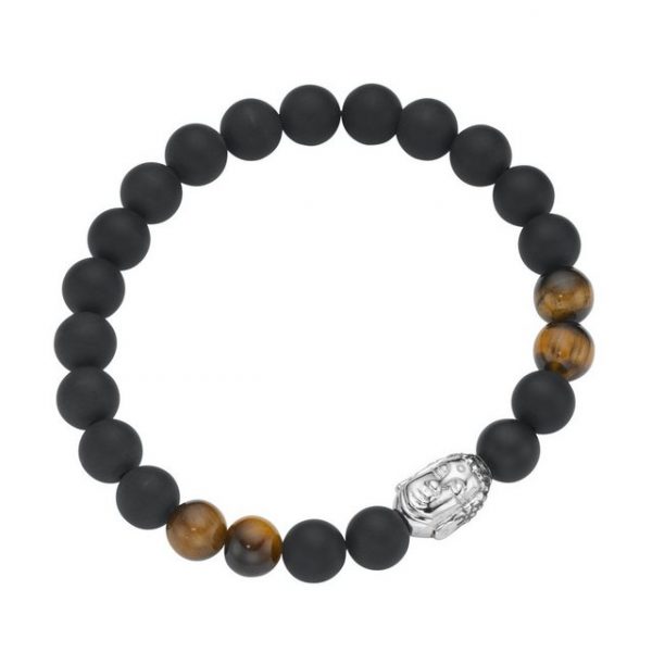 GIORGIO MARTELLO MILANO Armband "Tigerauge + schwarze Achat Kugeln mit Buddha-Kopf, Silber 925"