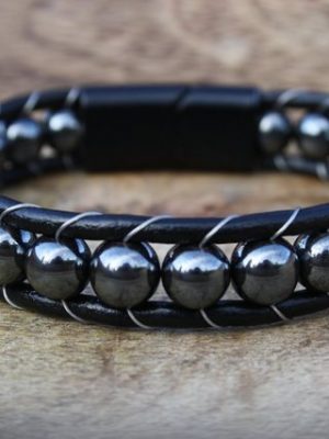 NAHLE Armband "Herren Lederarmband Hämatit Perlen", aus Echtleder, mit Magnetverschluss für ein sicheres verschließen