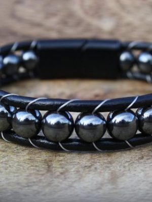 NAHLE Armband "Herren Lederarmband Hämatit Perlen", aus Echtleder, mit Magnetverschluss für ein sicheres verschließen