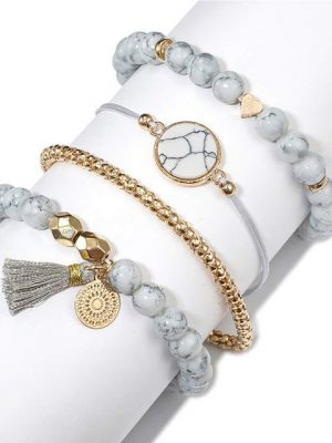 BEARSU Bettelarmband "2-teiliges Armband-Set mit Fransen, weißes Marmorarmband, mit Herzarmband, Perlenarmband, verstellbar, Damen, Mädchen" (1-tlg)