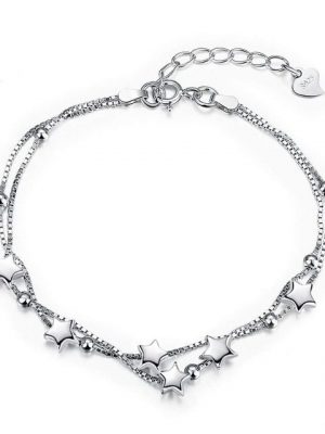 BEARSU Charm-Armband "Elegant Perlen und Sterne Double Layered Armkettchen mit 925 Sterling Silber Armband Armkette Schmuck Verstellbar Armbänder für damen"