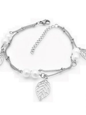 BUNGSA Armband "Bettelarmband Blätter & Perlen Silber aus Edelstah" (1 Armband, 1-tlg., inkl. Schmuckbeutel aus Organza), Bracelet Armschmuck