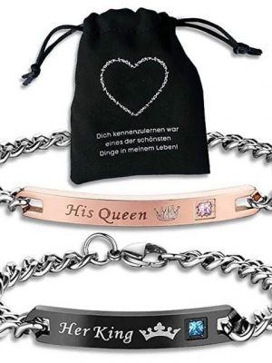 Binego Armband mit Gravur "Her King His Queen Partnerarmbänder Geschenk Armbänder" (Set, inklusive Geschenkbeutel), Geschenkset mit Geschenkbeutel
