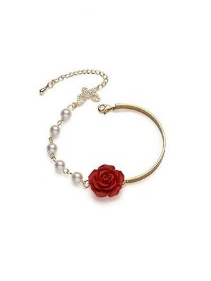 ELIAUK Bettelarmband "Rot Rosen Blumen Armband Barock Gold Perlen Schmetterling Armreif Minimalistische Armband Hand Schmuck Geschenk für Frauen Und Mädchen" (1-tlg)