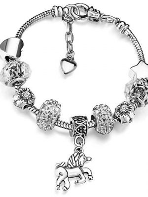 FeelGlad Charm-Armband "Einhorn Charm Armband Glänzender Kristall Strass Armreif mit Einhorn Geschenkbox Karten Set für Mädchen Dame"