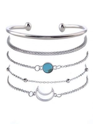 Housruse Armband Set "Einfaches Türkis Armband Silber geschichtet stapelbar glänzend Armreif Mond Perlen 5 Sets Hand Accessoires Schmuck verstellbar für Frauen und Mädchen"