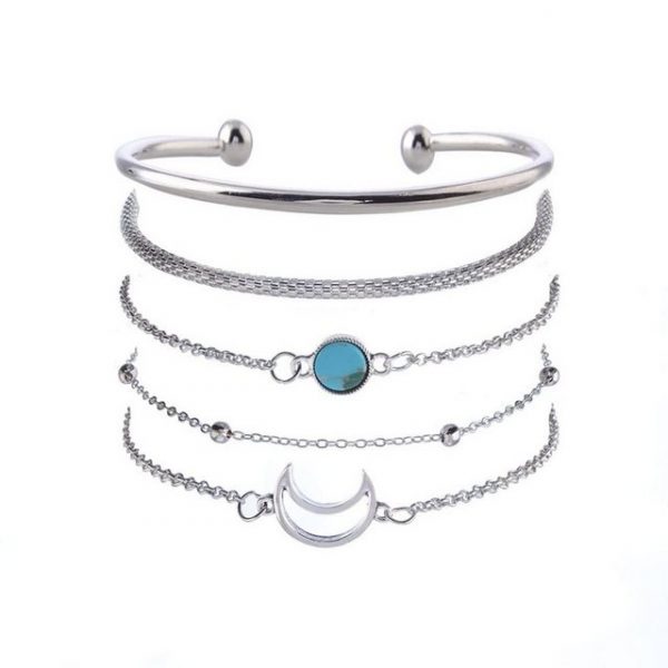 Housruse Armband Set "Einfaches Türkis Armband Silber geschichtet stapelbar glänzend Armreif Mond Perlen 5 Sets Hand Accessoires Schmuck verstellbar für Frauen und Mädchen"