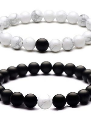 Housruse Armband Set "Paar-Armband mit 8 mm Perlen, 2 schwarze matte und weiße Armbänder" (2-tlg)