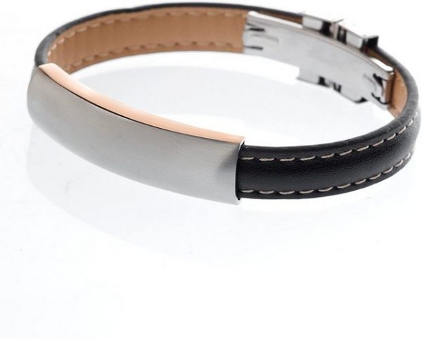 Karisma Lederarmband "Karisma Schwarzes Leder Herrenarmband - Mattierte Platte mit Rose Gold IP Plating - Ideal zum Eingravieren - Breite 15mm BG488.1"