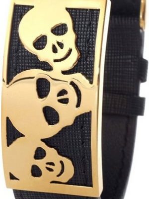 Karisma Lederarmband "Leder Armband Schwarz- Edelstahl Platte Motiv Totenköpfe Gold beschichtet - Breite 22mm SB9375-S Länge verstellbar 17 bis 21cm"