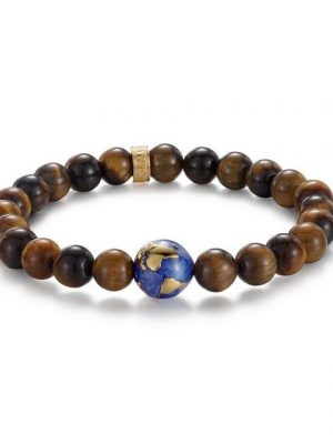 Kingka Armband ""PLANET EARTH" Erdkugel Armband mit echten Tigerauge Steinen, Edelstahl vergoldet, blaue Emaille"