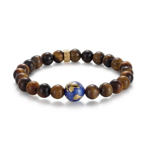 Kingka Armband ""PLANET EARTH" Erdkugel Armband mit echten Tigerauge Steinen, Edelstahl vergoldet, blaue Emaille"