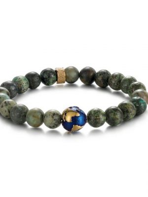 Kingka Armband ""PLANET EARTH" Erdkugel Armband mit grünen Türkis Steinen, Edelstahl vergoldet, blaue Emaille"