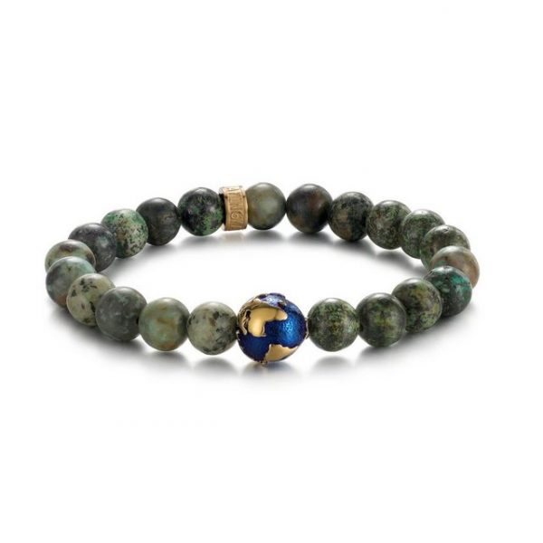 Kingka Armband ""PLANET EARTH" Erdkugel Armband mit grünen Türkis Steinen, Edelstahl vergoldet, blaue Emaille"