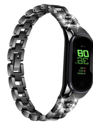 Resik Smartwatch-Armband "Geeignet für Xiaomi 3/4 Armband. Ersatz-Metallband mit G-förmiger Diamantverzierung (Schwarz)"