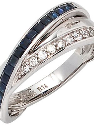 SIGO Damen Ring 585 Gold Weißgold 9 Diamanten Brillanten 0,14ct. 17 Safire blau