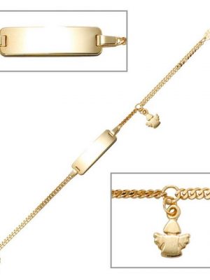 Schmuck Krone Armband "Goldarmband für Kinder Panzerkette Schildband mit Engel 585 Gold Gelbgold 14cm"