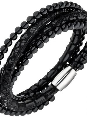 Schmuck Krone Lederarmband "Armband Armschmuck aus Leder schwarz mit Onyx Kugeln & Edelstahl 19cm"