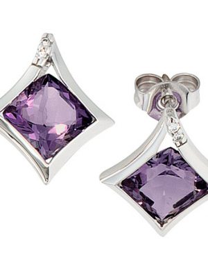 SIGO Ohrstecker 585 Gold Weißgold 4 Diamanten 2 Amethyst lila violett Ohrringe