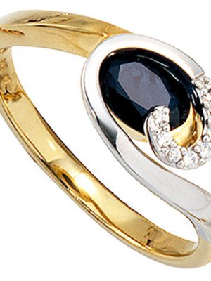 SIGO Damen Ring 585 Gold Gelbgold Weißgold 1 Safir blau 8 Diamanten Brillanten