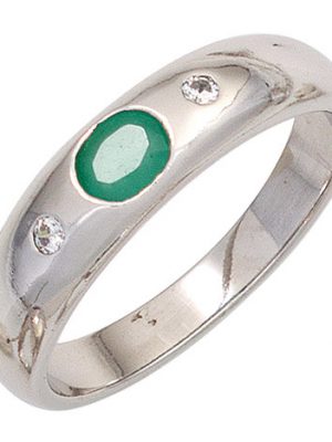 SIGO Damen Ring 925 Sterling Silber rhodiniert 1 Smaragd grün 2 Zirkonia Silberring