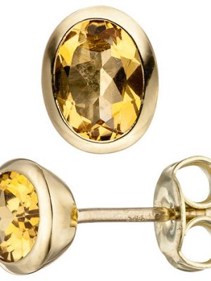 SIGO Ohrstecker oval 585 Gold Gelbgold 2 Citrine gelb Ohrringe Goldohrringe