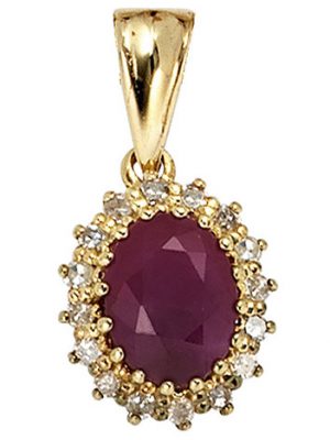 SIGO Anhänger 585 Gold Gelbgold 16 Diamanten 0,16ct. 1 Rubin rot Goldanhänger