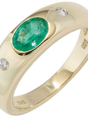SIGO Damen Ring 585 Gold Gelbgold 1 Smaragd grün 2 Diamanten Brillanten Goldring