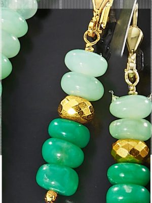 3tlg. Schmuck-Set aus Chrysoprasen und Pyriten Gelbgoldfarben