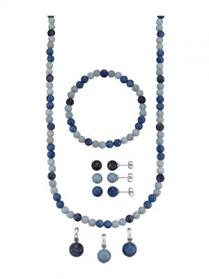 8tlg. Schmuck-Set aus blauen Sodalith-, Quarz- und Angelitkugeln Blau
