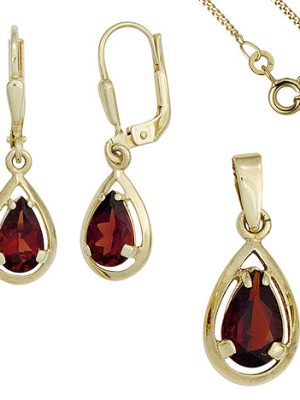 SIGO Schmuck-Set 333 Gold Gelbgold 3 Granate rot Ohrringe und Kette 42 cm