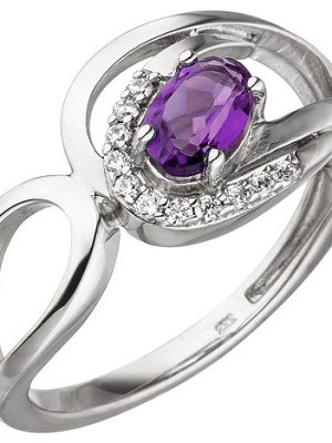 SIGO Damen Ring 333 Gold Weißgold 11 Zirkonia 1 Amethyst lila violett Weißgoldring